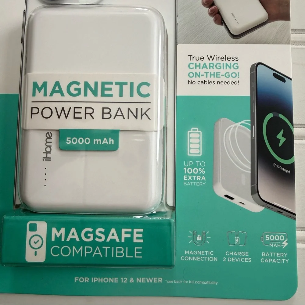 iHome Magnetic Power Bank 5000 mAh Wireless Charging on the Go